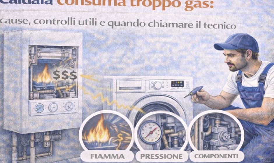 Tecnico che controlla una caldaia domestica che consuma troppo gas mentre vengono evidenziati bruciatore, pressione dell’impianto e componenti interni della caldaia.