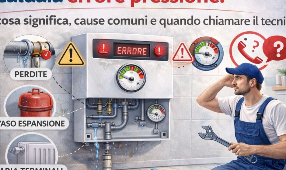 Caldaia con errore pressione e manometro in allarme mentre un tecnico verifica perdite, vaso di espansione e aria nei termosifoni