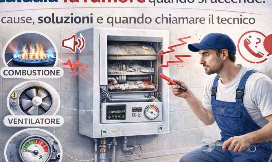 Caldaia che fa rumore all’accensione mentre un tecnico controlla combustione, ventilatore e pressione dell’impianto termico.
