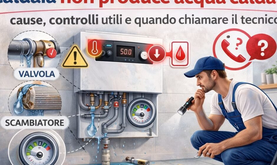 Caldaia che non produce acqua calda con tecnico che controlla valvola, scambiatore e pressione dell’impianto.
