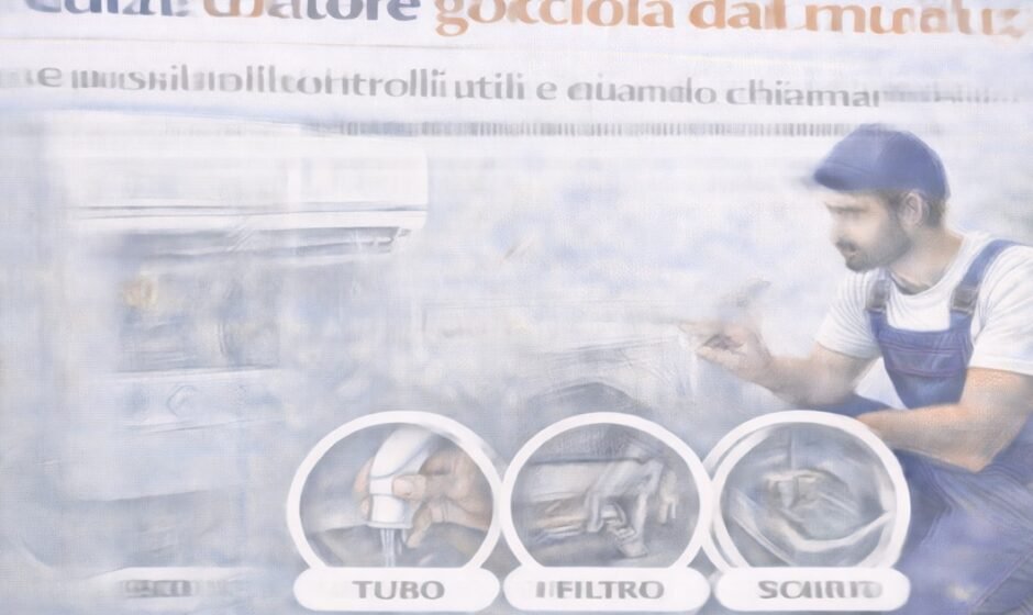 Tecnico che controlla una caldaia domestica che perde acqua mentre vengono evidenziati tubo di scarico, valvole e componenti interni della caldaia.