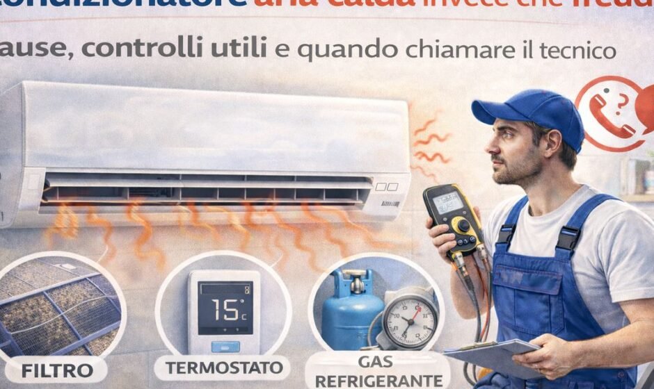 Condizionatore che emette aria calda invece che fredda mentre un tecnico controlla filtro, termostato e livello del gas refrigerante.
