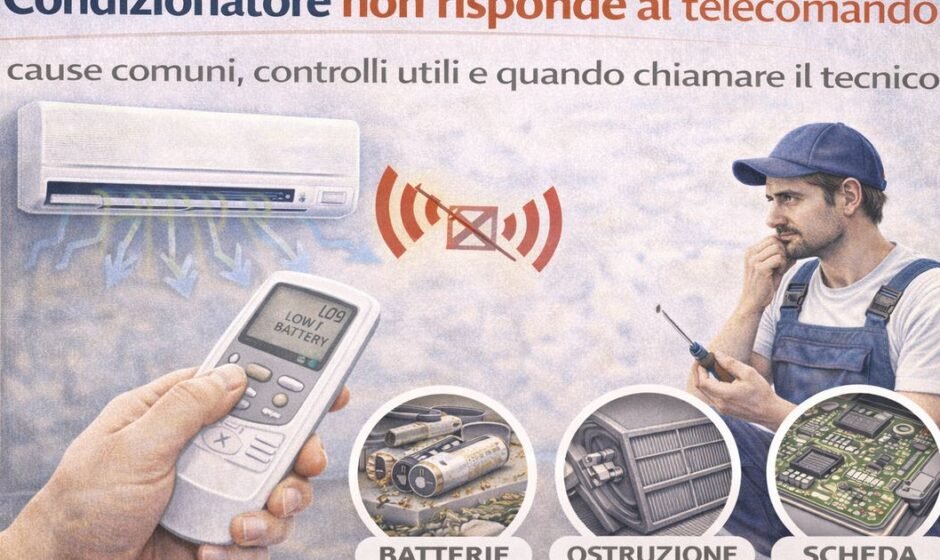 Condizionatore che consuma troppa energia mentre un tecnico controlla filtro dell’aria, impostazioni del termostato e unità esterna dell’impianto di climatizzazione.