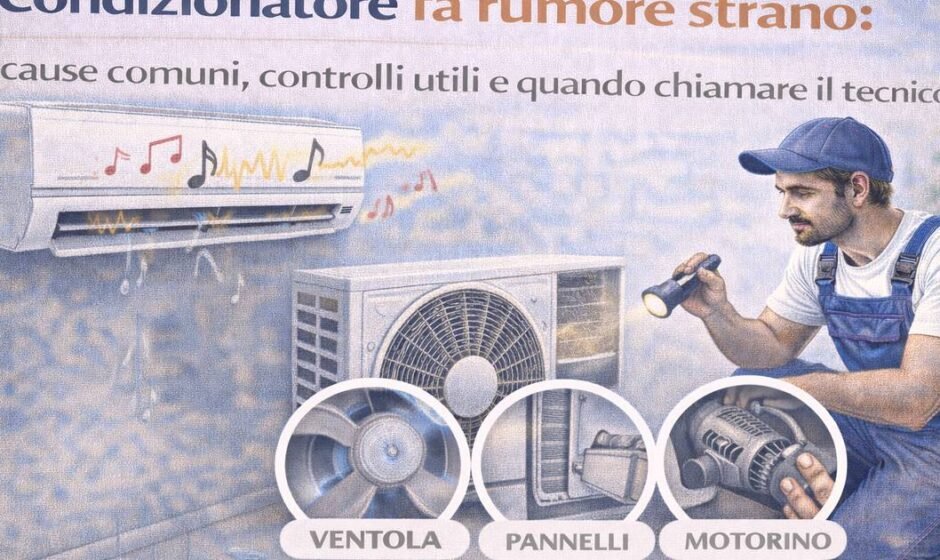 Condizionatore che fa rumori strani mentre un tecnico controlla ventola, pannelli dell’unità esterna e motorino del ventilatore.