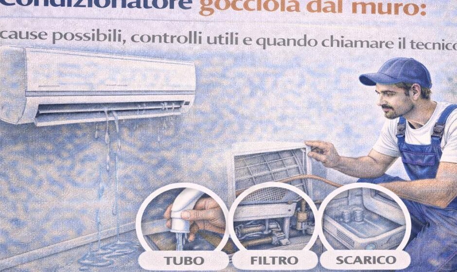 Condizionatore che gocciola dal muro mentre un tecnico controlla tubo di scarico della condensa, filtro dell’aria e sistema di drenaggio dell’unità interna.