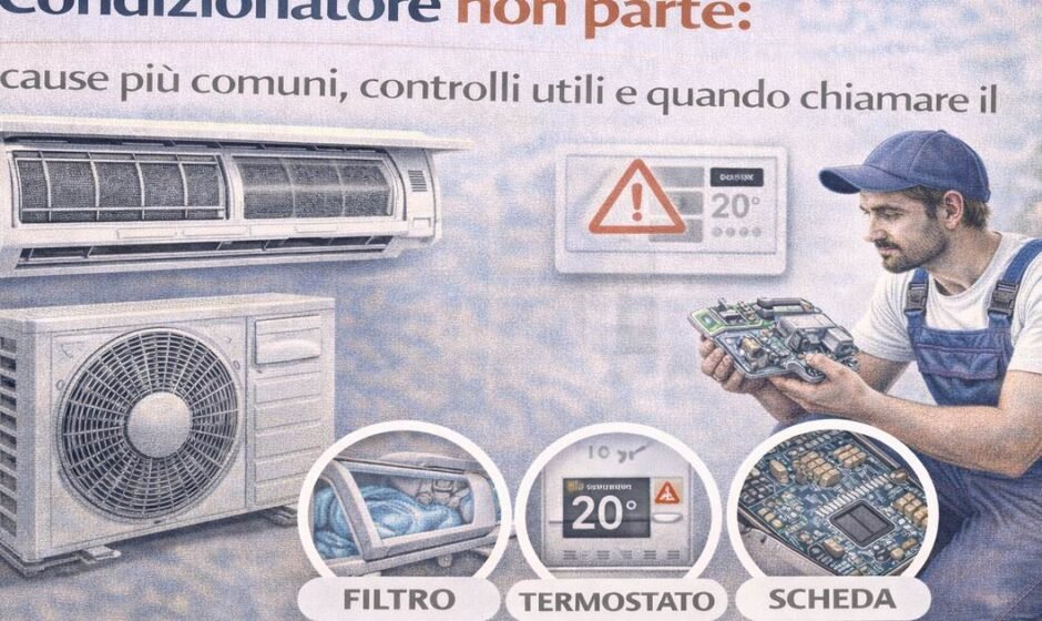 Condizionatore che non parte mentre un tecnico controlla filtro dell’aria, termostato e scheda elettronica dell’unità interna.