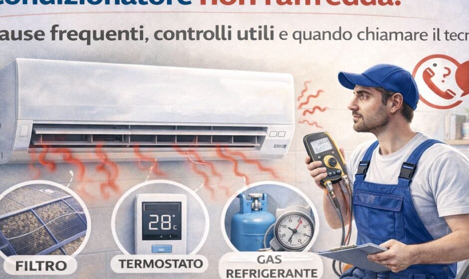 Condizionatore che non raffredda mentre un tecnico controlla filtro sporco, termostato e livello del gas refrigerante.
