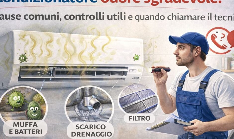 Condizionatore con cattivo odore mentre un tecnico controlla filtro, muffa interna e scarico condensa dell’impianto.