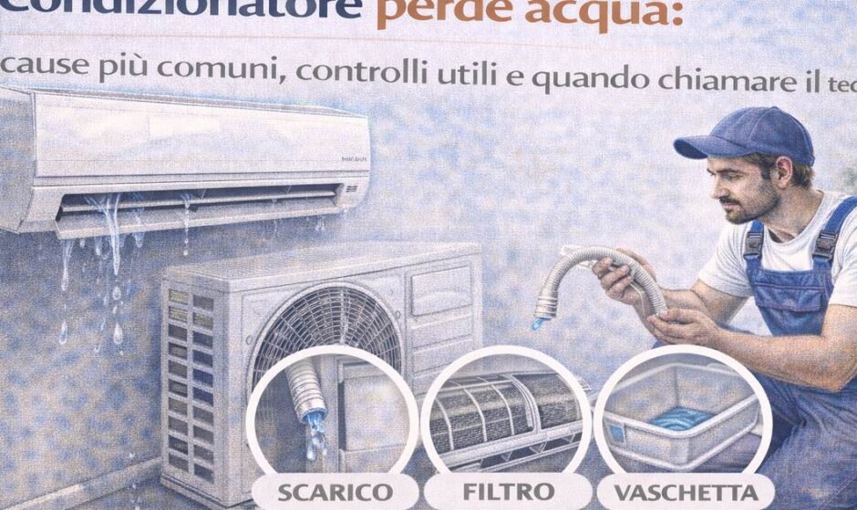 Condizionatore che perde acqua dall’unità interna mentre un tecnico controlla tubo di scarico della condensa, filtro dell’aria e vaschetta di raccolta.