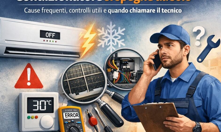 Condizionatore che si spegne da solo con icone di errore, filtro sporco e tecnico che effettua controlli e diagnosi guasti.