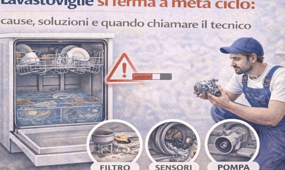 Lavastoviglie che fa rumori strani durante il lavaggio mentre un tecnico controlla pompa, bracci irroratori e filtro interno dell’elettrodomestico