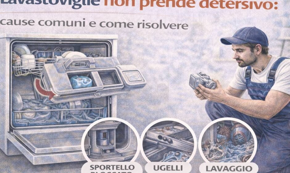 Lavastoviglie che non prende detersivo mentre un tecnico controlla sportello del detersivo, ugelli di lavaggio e funzionamento del ciclo.