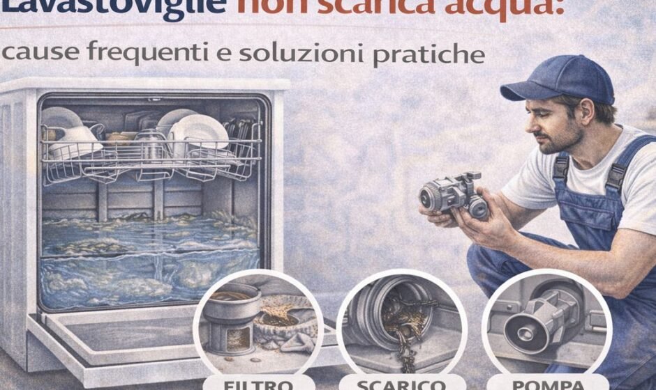 Lavastoviglie con acqua stagnante sul fondo mentre un tecnico controlla filtro, tubo di scarico e pompa di drenaggio.