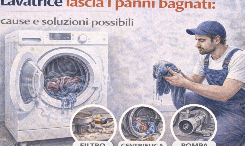 Lavatrice che lascia i panni bagnati dopo il lavaggio mentre un tecnico controlla filtro, centrifuga e pompa di scarico.