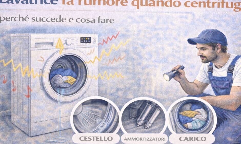Lavatrice che non centrifuga mentre un tecnico controlla filtro di scarico, carico del bucato e funzionamento della pompa della lavatrice.