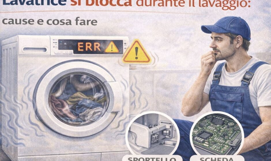 Lavatrice che non prende ammorbidente mentre un tecnico controlla vaschetta detersivo, sifone dell’ammorbidente e sistema di distribuzione dell’acqua.