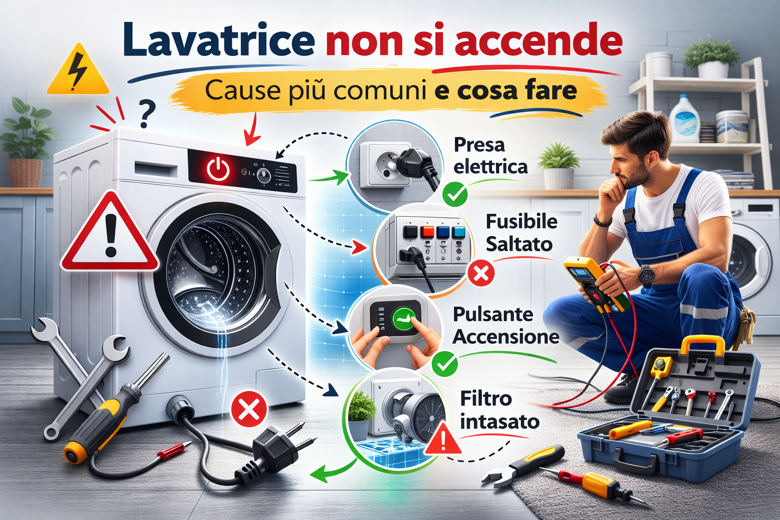 Lavatrice non si accende: cause più comuni, controlli utili e possibili codici errore