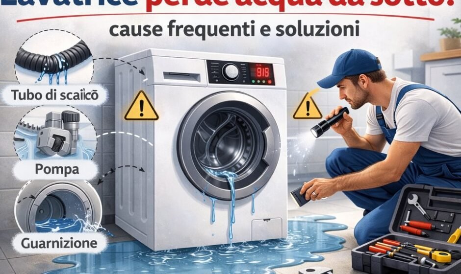 Lavatrice che perde acqua da sotto con acqua sul pavimento e tecnico che controlla tubo di scarico, pompa e guarnizione.