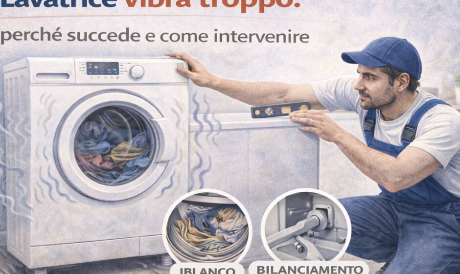 Lavatrice che vibra eccessivamente durante la centrifuga mentre un tecnico controlla livellamento, carico del cestello e bulloni di trasporto.
