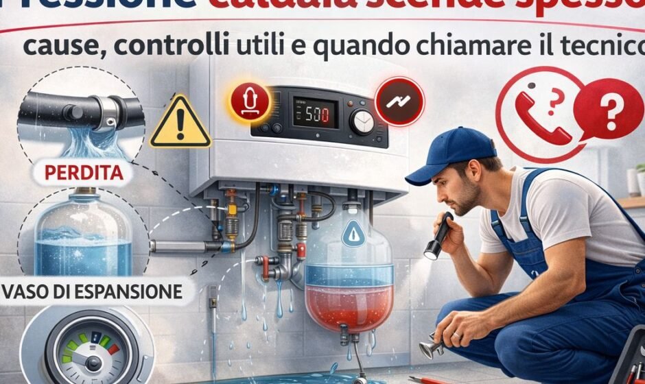 Caldaia con pressione bassa e perdita d’acqua sotto l’impianto mentre un tecnico controlla vaso di espansione e manometro.