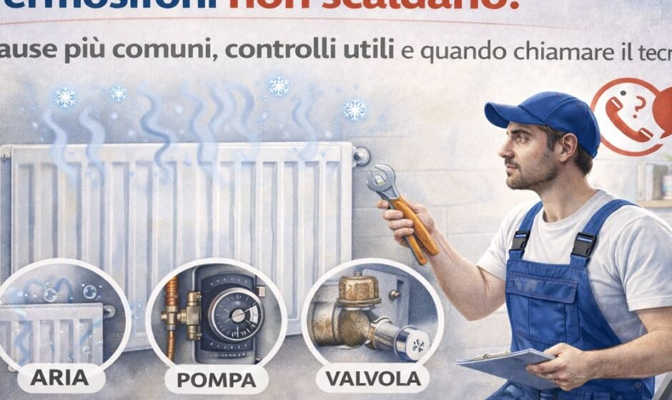 Termosifoni che non scaldano mentre un tecnico controlla aria nell’impianto, pompa di circolazione e valvola del radiatore.