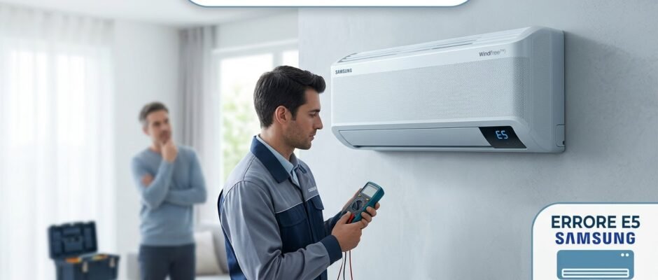 Tecnico che controlla un condizionatore Samsung WindFree con errore E5 sul display utilizzando un multimetro.