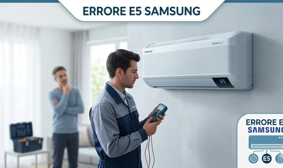 Tecnico che controlla un condizionatore Samsung WindFree con errore E5 sul display utilizzando un multimetro.
