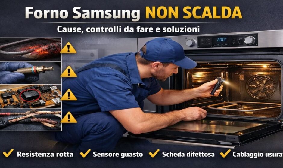 Tecnico che controlla un forno Samsung che non scalda durante un intervento di diagnosi del guasto