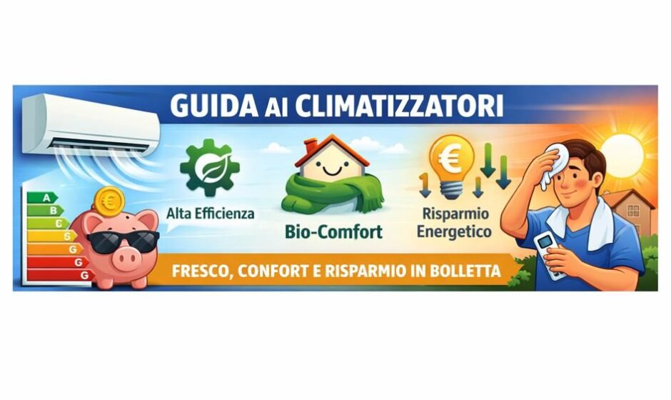 Illustrazione di un climatizzatore domestico con focus su efficienza energetica, comfort e risparmio in bolletta