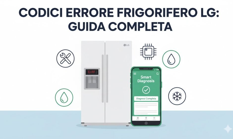 Frigorifero LG con errore Er FF e smartphone con app Smart Diagnosis per la risoluzione guasti.