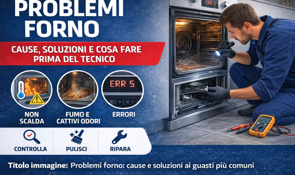 Tecnico che controlla un forno aperto per individuare problemi comuni come forno che non scalda, cattivi odori o errori sul display.