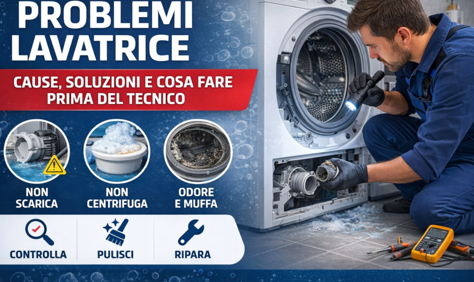 Tecnico che controlla una lavatrice aperta per diagnosticare problemi comuni come mancato scarico, centrifuga che non funziona e cattivi odori.