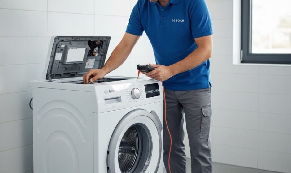 Tecnico esperto impegnato nella riparazione di un'asciugatrice Bosch che mostra l'errore E:12.