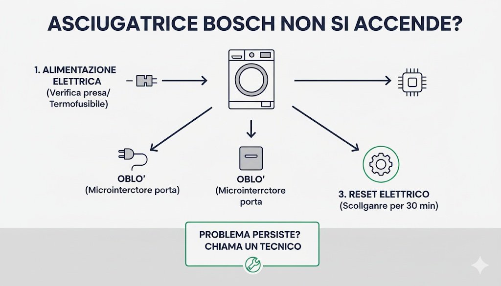 Asciugatrice Bosch non si accende: guida alla diagnosi e risoluzione dei problemi