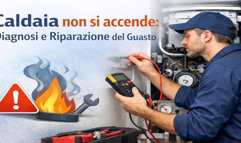 Tecnico controlla una caldaia domestica guasta con strumenti di diagnostica per individuare perché la caldaia non si accende e valutare la riparazione.