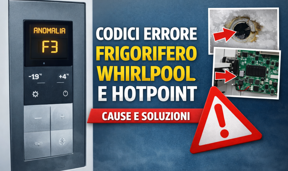 Display di frigorifero Whirlpool con codice errore F3 e grafica informativa sui codici errore dei frigoriferi Whirlpool e Hotpoint.