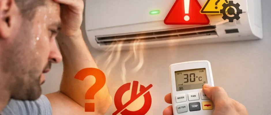 Condizionatore acceso con led ma non funziona, uomo con telecomando e aria calda dallo split