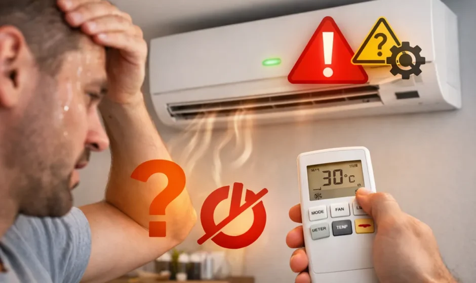 Condizionatore acceso con led ma non funziona, uomo con telecomando e aria calda dallo split