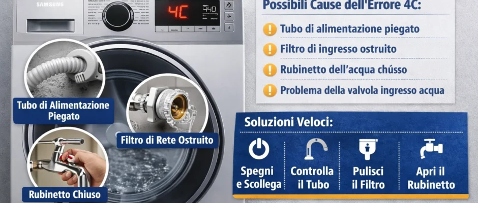 errore 4C lavatrice Samsung problema carico acqua tubo alimentazione filtro ingresso rubinetto