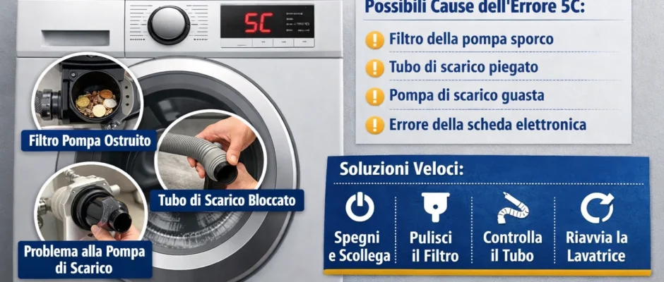Errore 5C lavatrice LG: problema di scarico acqua con filtro pompa ostruito o tubo di scarico bloccato