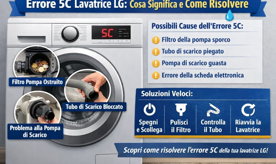 Errore 5C lavatrice LG: problema di scarico acqua con filtro pompa ostruito o tubo di scarico bloccato