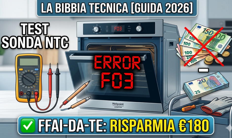 Infografica tecnica per riparare l'errore F03 forno Hotpoint Ariston con test sonda NTC e multimetro.