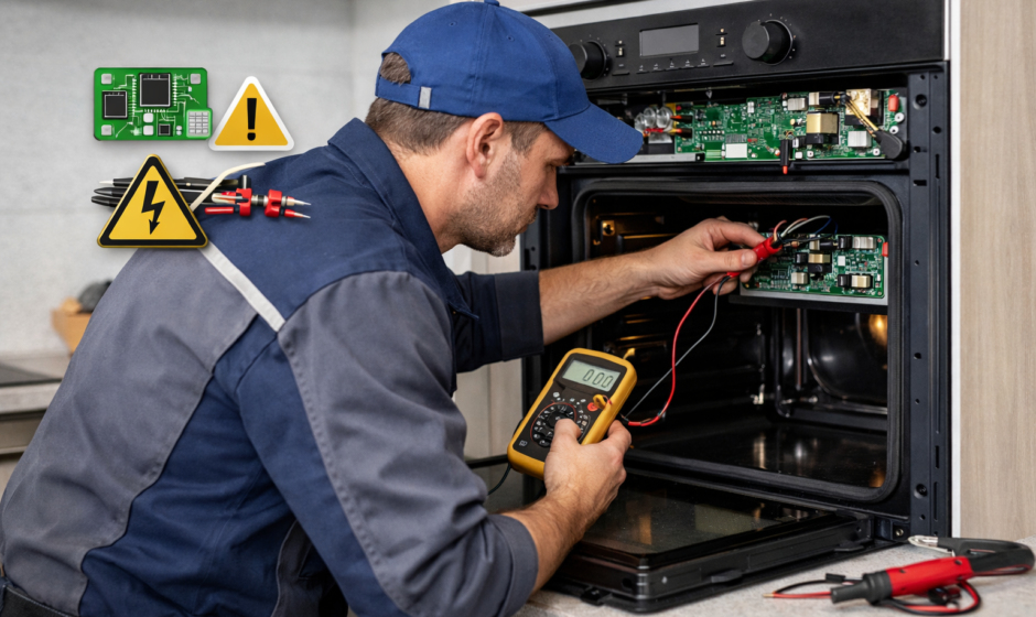 Tecnico che controlla un forno Samsung che non si accende durante una diagnosi del guasto elettronico