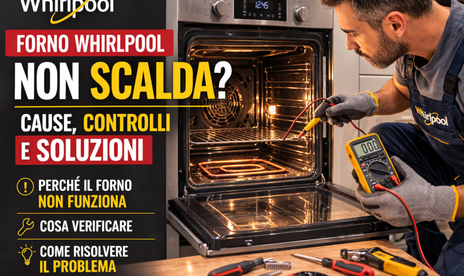Tecnico che controlla un forno Whirlpool che non scalda durante la diagnosi di un guasto alle resistenze o al sistema elettrico.