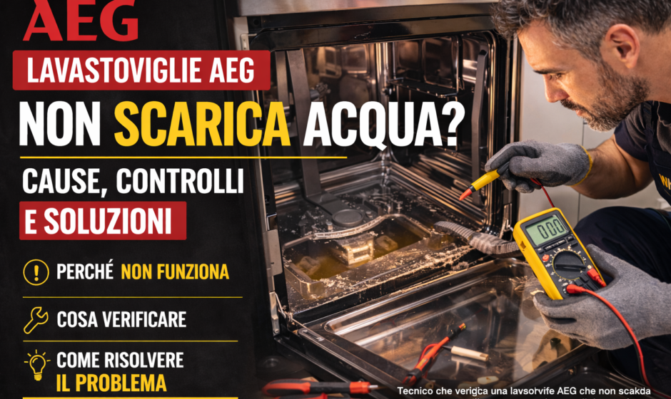 Tecnico che controlla una lavastoviglie AEG che non scarica acqua durante la diagnosi di un problema alla pompa di scarico.
