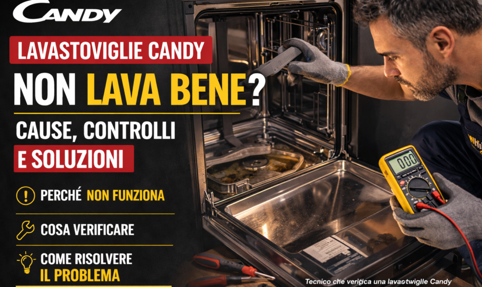Tecnico che controlla una lavastoviglie Candy che non lava bene durante la diagnosi di un problema al sistema di lavaggio.