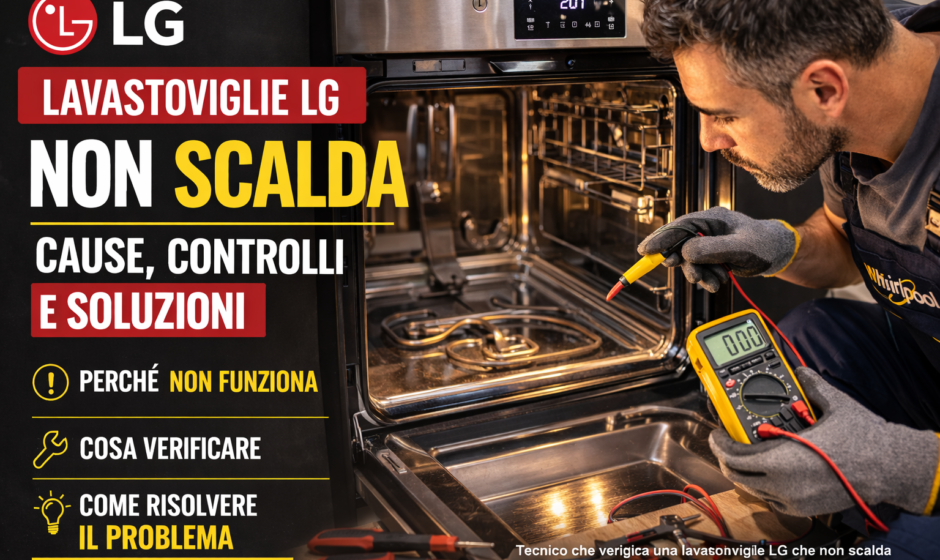 Tecnico che controlla una lavastoviglie LG che non scalda acqua durante la diagnosi di un guasto alla resistenza.