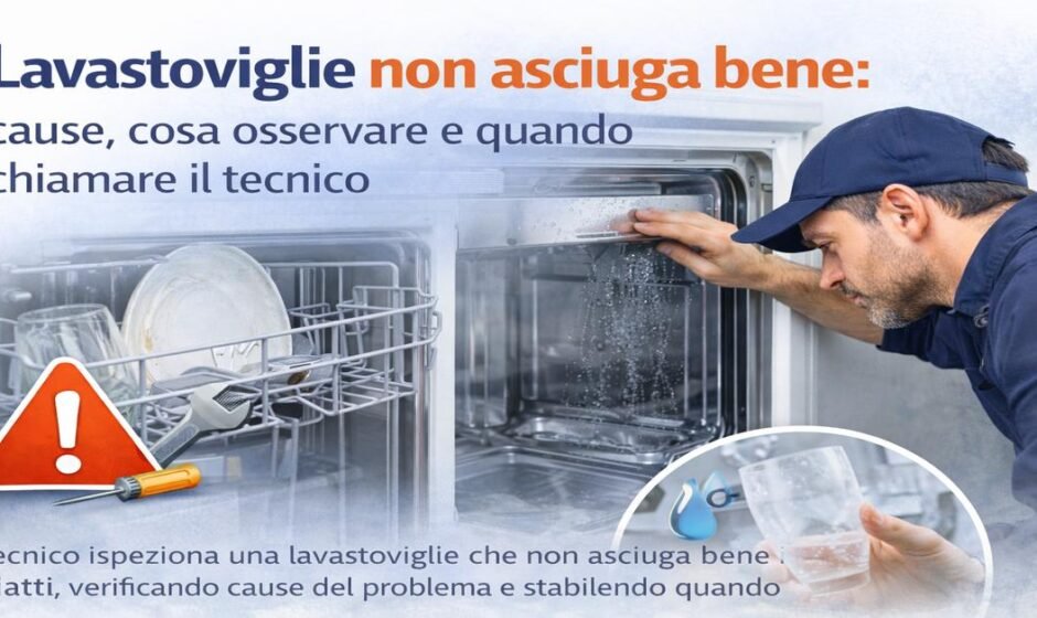 Tecnico controlla una lavastoviglie che non asciuga bene i piatti per individuare le cause del problema e capire quando è necessario chiamare l’assistenza.