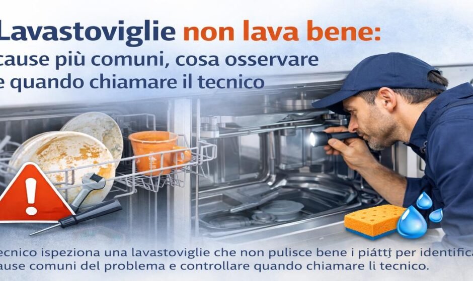 Tecnico controlla una lavastoviglie che non lava bene per individuare le cause più comuni del problema e capire quando è necessario chiamare l’assistenza.