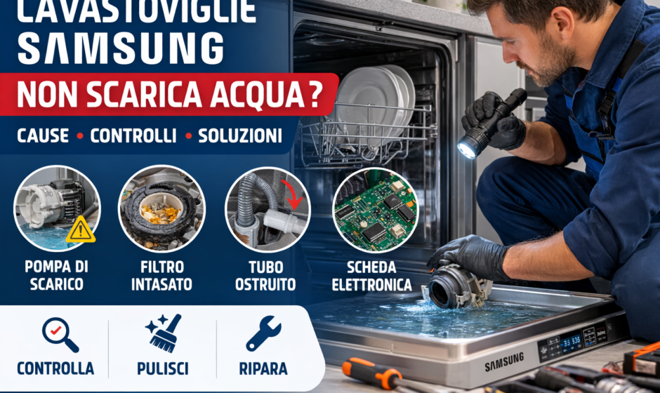 Tecnico che controlla una lavastoviglie Samsung che non scarica acqua per individuare problemi alla pompa di scarico o al tubo di drenaggio